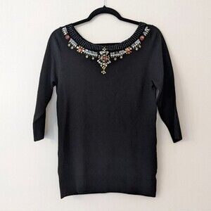 White House Black Market Jeweled neckline black shirt for holidays silk blend